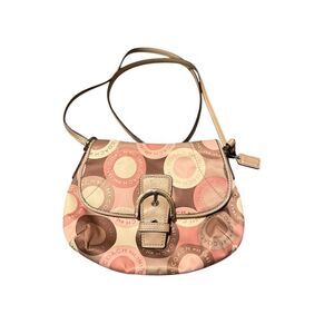 Coach Signature Circle Print Small Crossbody Bag Pink Brown Beige